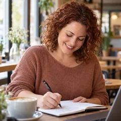 Charlotte Evans, a ballet instructor with curly auburn hair, writing in a notebook at a café table