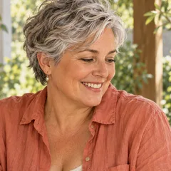 Jessica Moore, a dance studio owner and ballet teacher with short silver hair, holding her glasses at an outdoor table